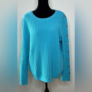 Talbots rib knit turquoise long sleeve sweater silver button detail Large EUC